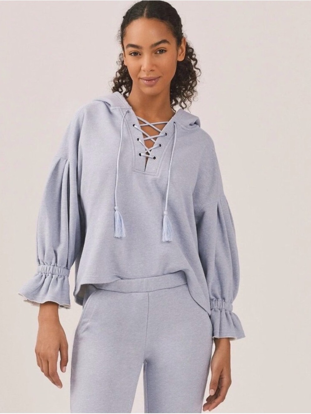 Something Navy Sophia Light Blue Lace-Up Hoodie with Tassels and shimmer - Picture 13 of 13